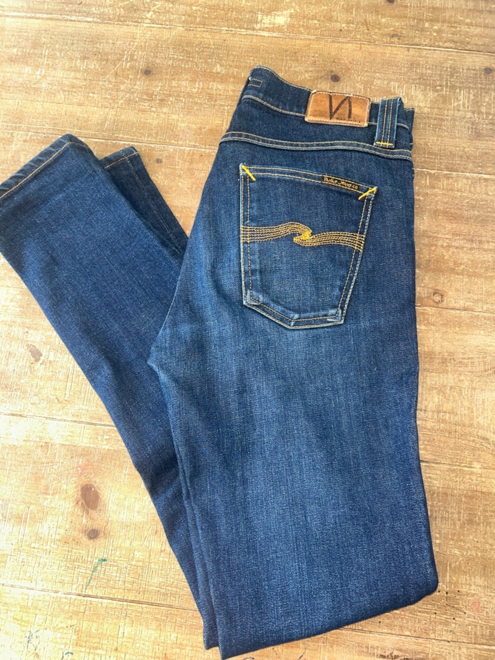 Mens Nudie Lean Dean Dark Blue Denim Jeans with Contrast Stitching
